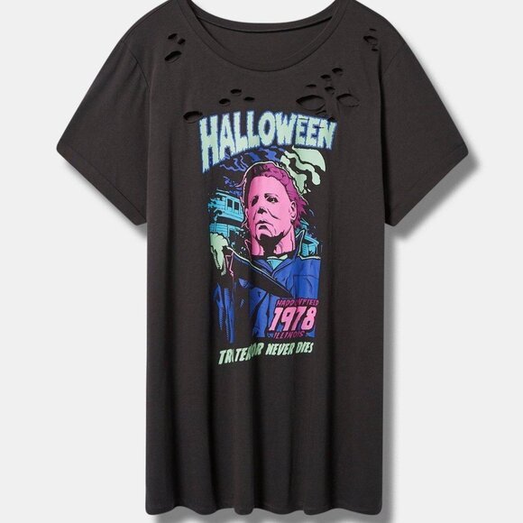 ❤️NWT VINTAGE TORRID TEE - MICHAEL MEYERS DISTRESSED TUNIC - HALLOWEEN MOVIE - Picture 14 of 16